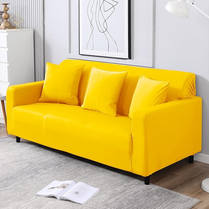 Homedecorindia Plain Yellow Stretchable & Premium Sofa Cover